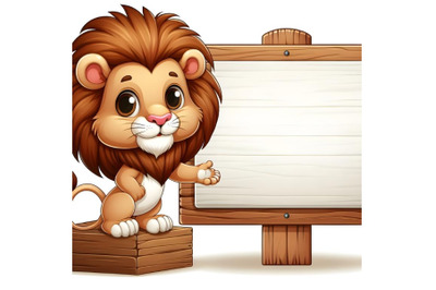 cute baby lion on wooden board with blank sign