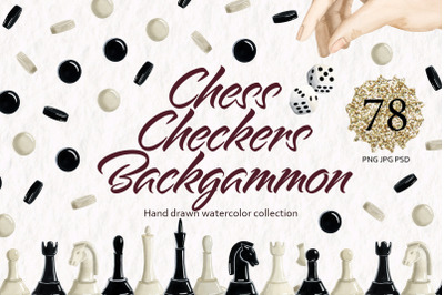 Chess Checkers Backgammon Watercolor Clipart