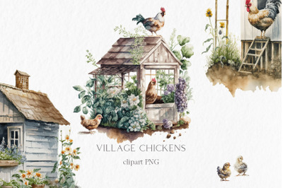 Village chickens Watercolor Clipart PNG