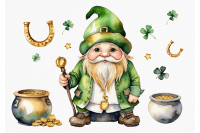 Irish gnome, St.Paddy, Saint Patricks Day, Clover clipart, pot with go