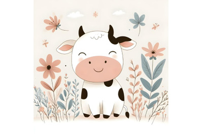 cute cow with floral background