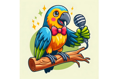 Cartoon parrot presenting with his wing