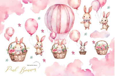 Bunnies Pink Hot Air Balloon Clipart, Pink Flowers Easter