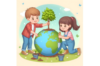 Boy and girl planting trees on Earth