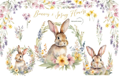 Spring Easter Cute Bunny Clipart, Wildflowers Easter Bunny