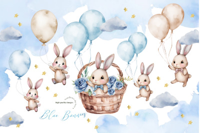Bunnies Blue &amp; Gold Balloon Clipart, Blue Flowers Easter