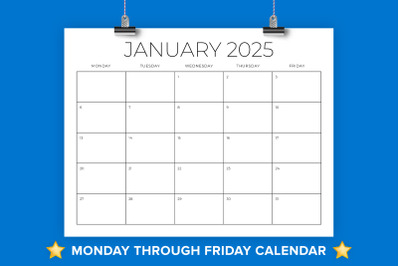 2025 8.5 x 11 Inch Monday to Friday Calendar Template