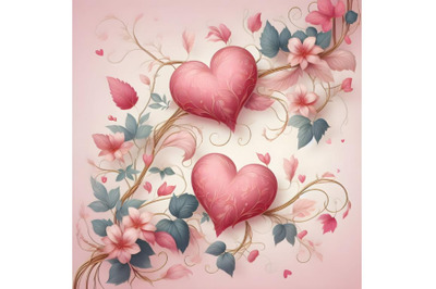 Hearts with floral vines with pink heartshaped