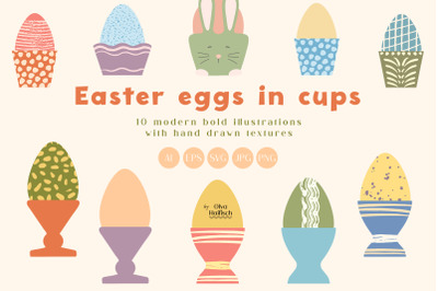 Modern Easter Eggs in Cups Clipart. Cute Vector Illustrations