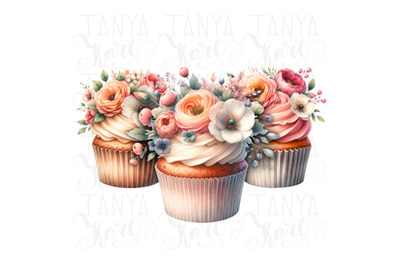 Watercolor Dessert Prints, Floral Cupcakes Png Instant Digital Downloa