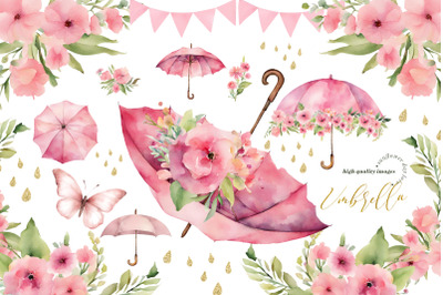 Rainy Pink Flowers Umbrella Clipart, Butterfly Clipart, April Shower,