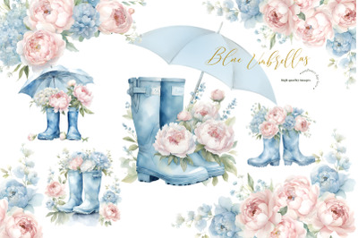 Blue Rainy Boots Umbrella Clipart, Blue Flowers, Boots Clipart