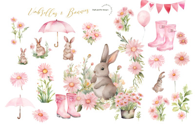 Pink Umbrellas and Bunnies Clipart, Pink Daisy Flowers, Rain Boots