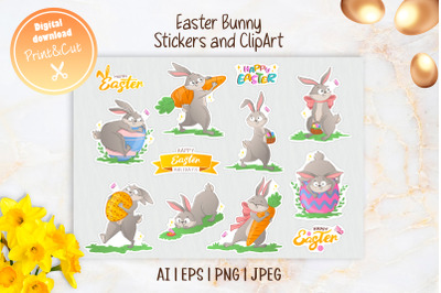 Cheerful Easter bunny stickers and clipart