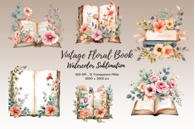 Vintage Floral Books Sublimation Clipart