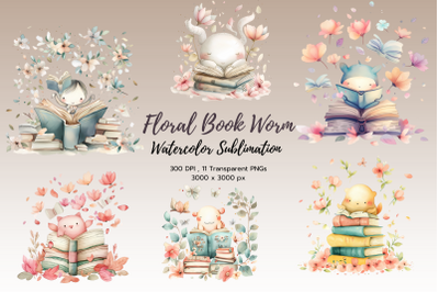 Floral Book Worm Watercolor Sublimation Clipart