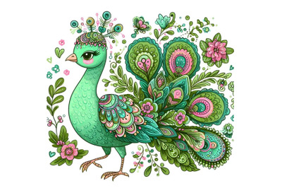 a cute beautiful green peacock in boho style&2C;