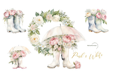 Pink &amp; White Flowers Boots Clipart, Rainy Boots White Umbrella clipart
