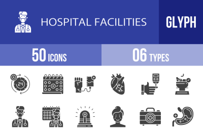 50 Hospital Facilities Glpyh Icons