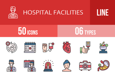 50 Hospital Facilities Filled Line Icons