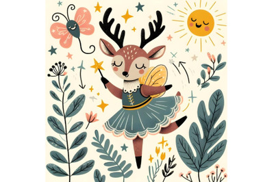 Fairy tale deer dancing with magic wand under sun
