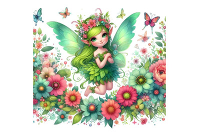 green Fairy with wings and blooms, adorable