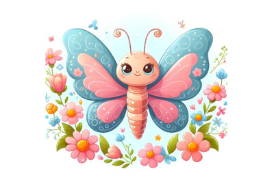 Cute butterfly cartoon with beautiful wings and flowers