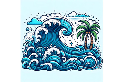 ocean wave Hand drawn colorful blue doodle