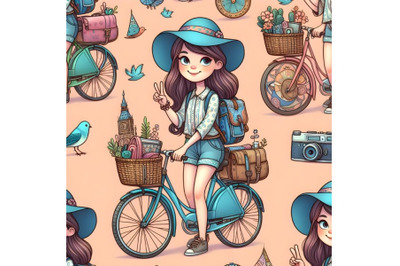 Seamless pattern with three hand drawn beautiful cute travel girl