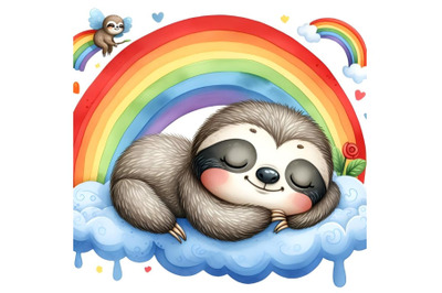 Colourful rainbow baby sloth sleeping on a cloud