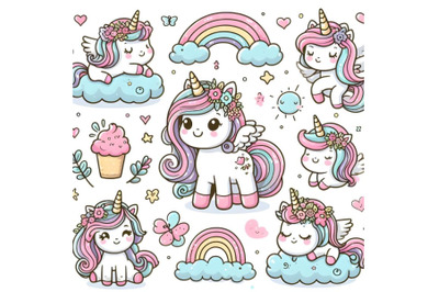 Cute Unicorn doodle pony child cartoon with cloud Fairytale animal nur