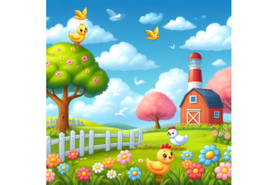 cartoon meadow scene tree flower farm cloud sky bird