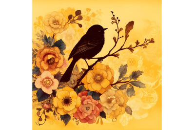 floral yellow bird silhouette