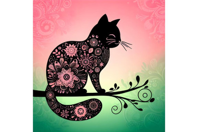 floral cute cat silhouette