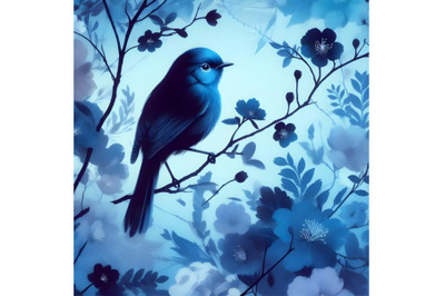 floral blue bird silhouette