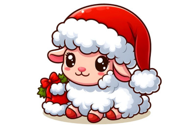 Cute cartoon baby sheep wearing santa hat