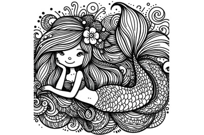 black and white Zentangle style mermaid with very long hair