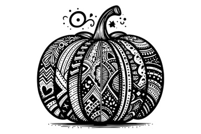 Black and white doodle and cartoon illustration of pumpkin with a boho