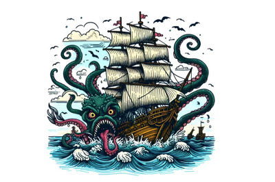 Kraken Attacking Sailing Galleon