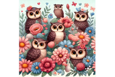 Flower texture with owls cartoon illustration