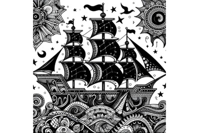 black ship zentangle art