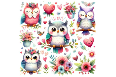 sweet owls, hearts and flowers