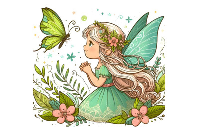 Pretty fairy girl looking at flying butterfly