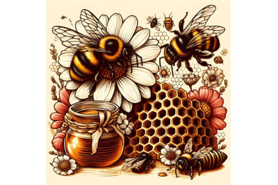 Honey Bumble Bee and Honeycomb