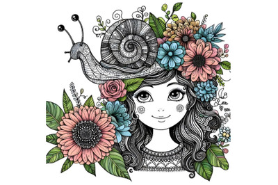 girl with flowers and zentangle snail on her head