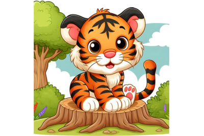 Cartoon little tiger sitting on tree stump