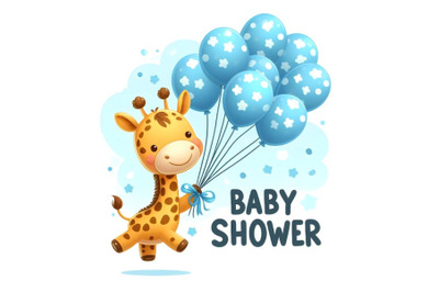 Baby Shower greeting card with cute little giraffe flying on blue ball