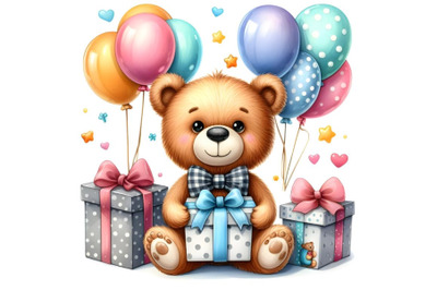 Teddy bear with balloons and gifts