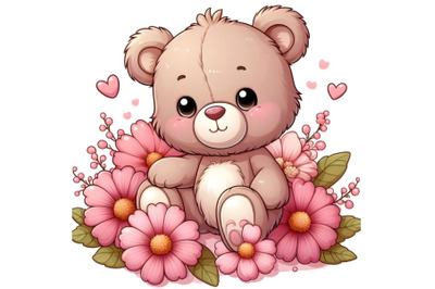 Teddy bear with pink flowers