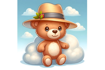 Teddy Bear in panama hat isolated on a cloud background